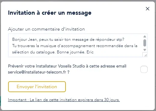 Voconix invitation bénéficiaire à créer un message vocal